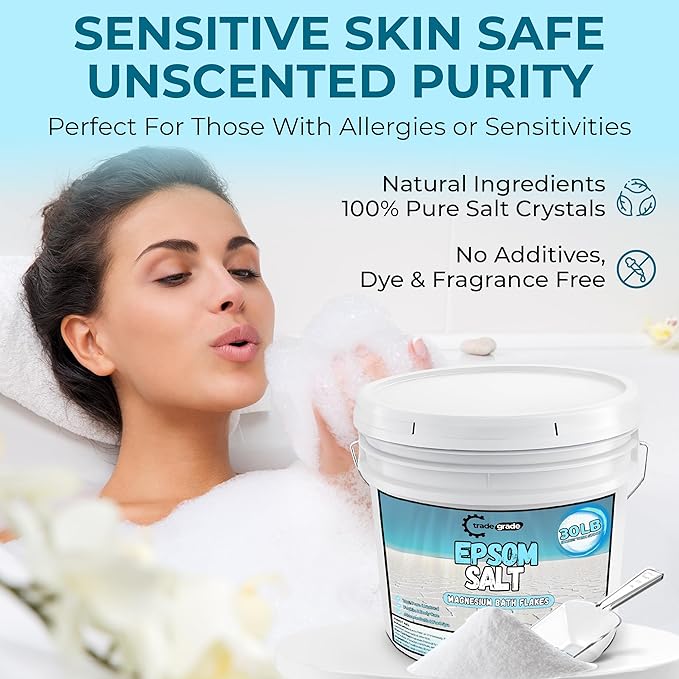 Epsom Salt Bath Soak 30 lb Bucket – Unscented, Pure Epsom Salt Bulk Crystals, Magnesium Sulfate for Full Body or Foot Soaks, Resealable Container with Scoop for Home Bath Use