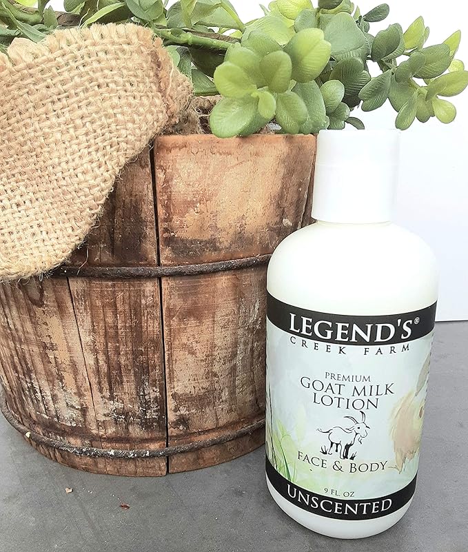 Legend's Creek Farm Goat Milk Lotion - Moisturizing Goat Milk Body Lotion for Body, Hand & Face - 9 oz Body Moisturizer with Shea Butter, Sunflower Oil, Aloe, Handmade in USA (Unscented L.)