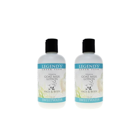 Legend's Creek Farm Goat Milk Lotion - Moisturizing Goat Milk Body Lotion for Body, Hand & Face - 9 oz Body Moisturizer with Shea Butter, Sunflower Oil, Aloe, Handmade in USA (2-pack, Sweetwater)