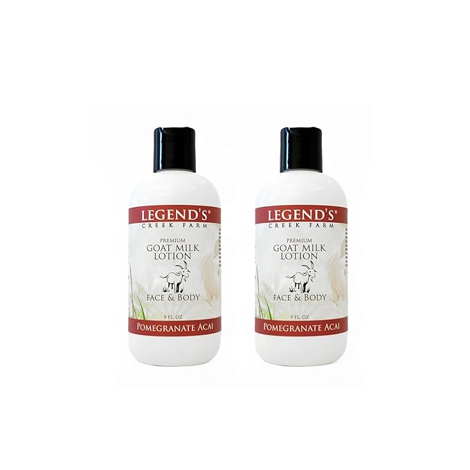 Legend's Creek Farm Goat Milk Lotion - Moisturizing Goat Milk Body Lotion for Body, Hand & Face - 9 oz Body Moisturizer with Shea Butter, Sunflower Oil, Aloe (2-Pack, Pomegranate Acai)