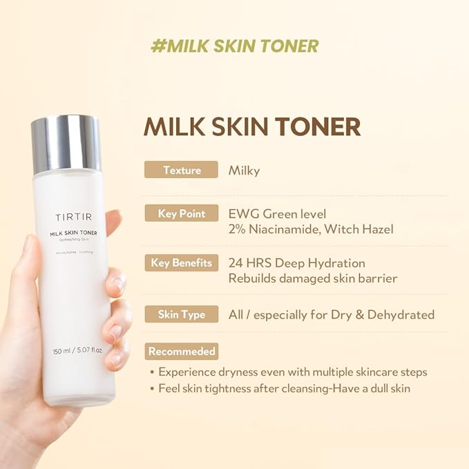TIRTIR Milk Skin Rice Toner Light | Instant Hydration with 4% Niacinamide, Pantenol, Lightweight, Pore-Tightening, Vegan, Acne-Prone, Oily Skin, Fungal Acne Safe, Korean Skin Care, 0.67 Fl Oz