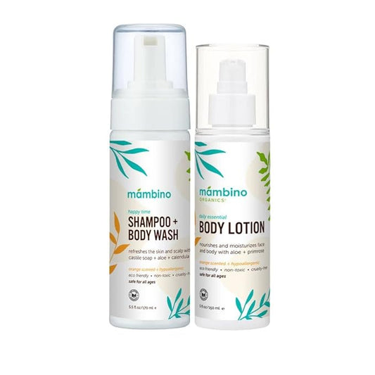 Mambino Organics Happy Time Bath Set - Happy Time Shampoo & Body Wash & Daily Essential Lotion – Cruelty-Free & Vegan Bath Products