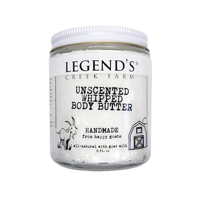 Legend's Creek Farm, Goat Milk Body Butter - Hydrating Natural Body Moisturizer with Organic Shea Butter & Grape Seed Oil - 8 Oz Purifying & Toning Whipped Body Butter (Unscented)