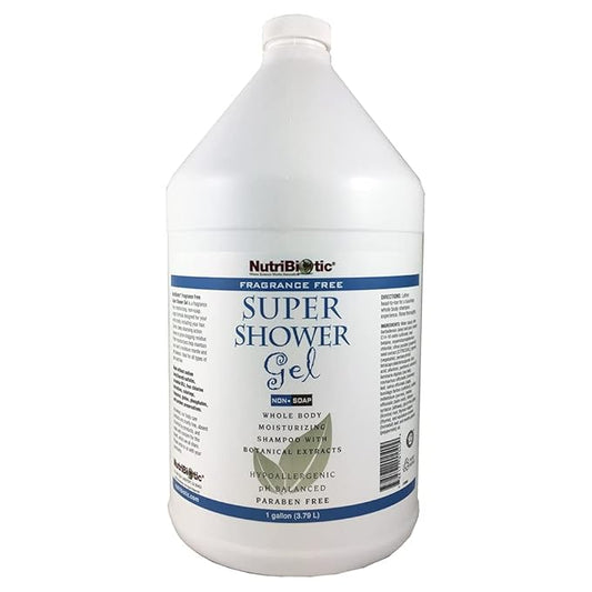 NutriBiotic – Fragrance-Free Super Shower Gel, 1 Gallon | Whole-Body Moisturizing Shampoo with GSE & Botanical Extracts | Non-Soap, pH Balanced & Free of Gluten, Parabens, Sulfates, Dyes & Colorings