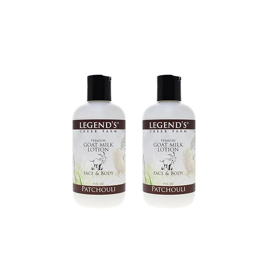 Legend's Creek Farm Goat Milk Lotion - Deeply Moisturizing Goat Milk Body Lotion for Body, Hand & Face - 9 oz Body Moisturizer with Shea Butter, Sunflower Oil, Aloe (2-Pack, Patchouli)