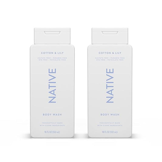 Native Body Wash Contains Naturally Derived Ingredients | For Women & Men, Sulfate, Paraben, & Dye Free Leaving Skin Soft and Hydrating | Cotton & Lily 18 oz - 2 Pk