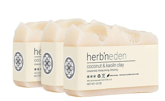 Herb’N Eden - Coconut Kaolin Clay Bar Soap - Moisturizing Face & Body Soap - For Sensitive, Oil & Normal Skin - Natural Plant-Based Ingredients & Essential Oils - Cruelty-Free -Handmade in USA -3 Pack