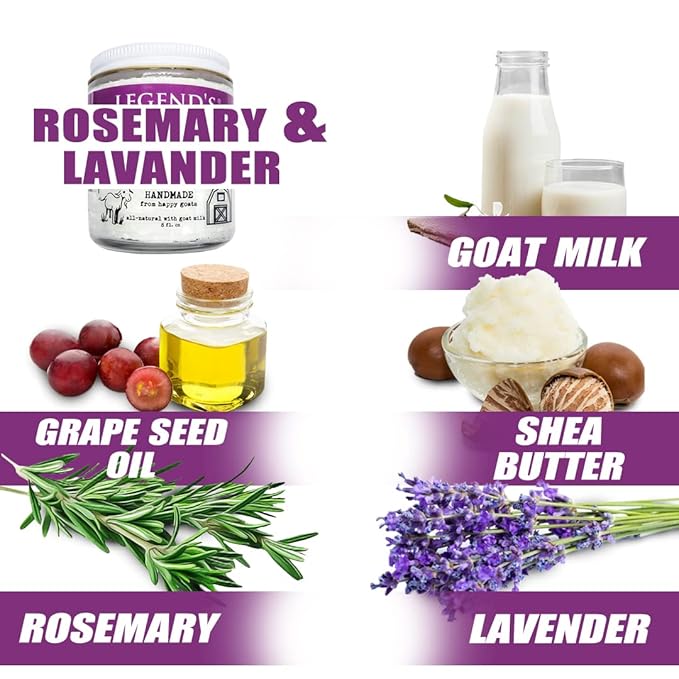 Legend's Creek Farm, Goat Milk Body Butter - Hydrating Natural Body Moisturizer with Organic Shea Butter & Grape Seed Oil - 8 Oz Purifying & Toning Whipped Body Butter (Rosemary & Lavender)