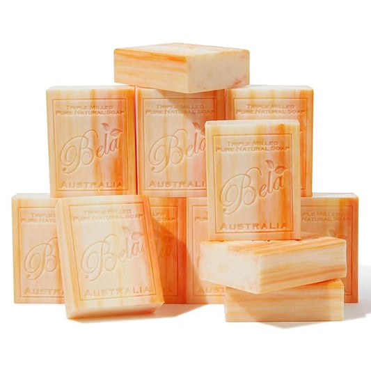 BELA Orange Zest Soap 3.3 OZ Pack of 12, Long Lasting French Triple Milled Bar Soap with Organic Shea Butter, Hand, Face and Body Wash Bar, Made in Australia