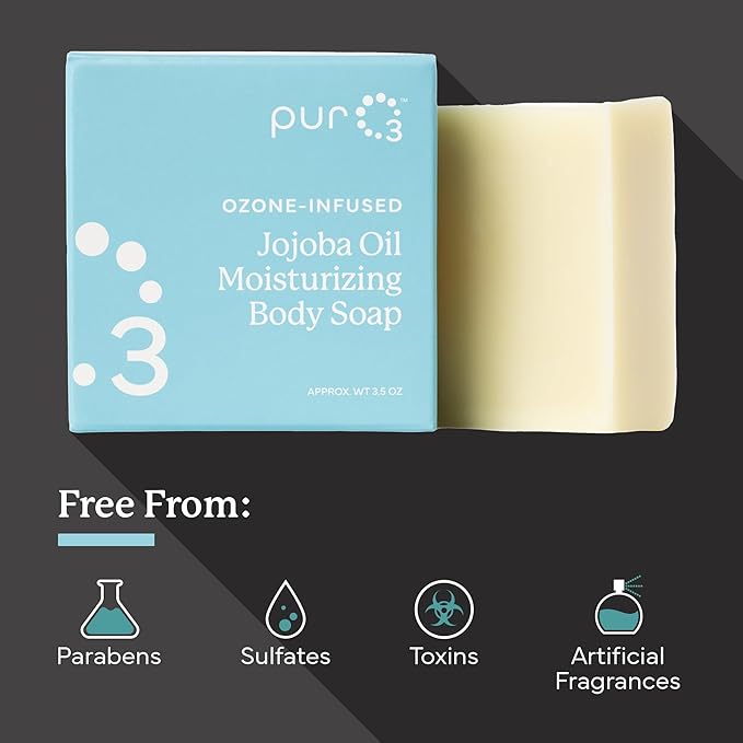 PurO3 Ozonated Jojoba Oil Soap 3-Pack – Handcrafted Organic Body Wash – Natural Vegan Bars for Women & Men – Gentle, Biodegradable, Non Toxic Cleanser for Shower & Bath, 3.5 oz Bar Set