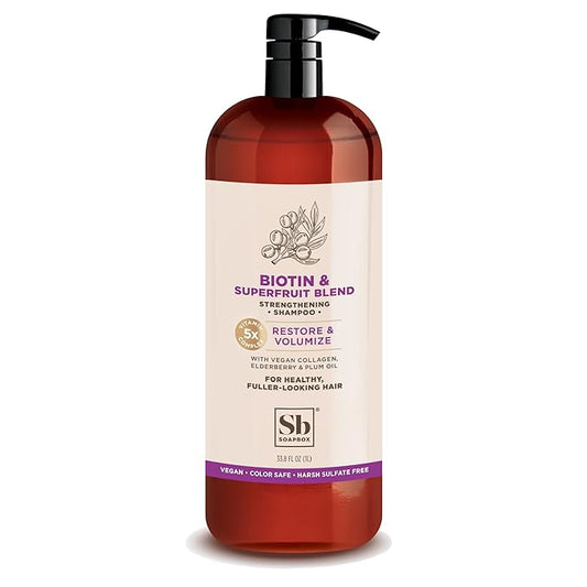 Soapbox Biotin Shampoo, Biotin & Collagen Super Fruit Shampoo for Thin, Fine, Thinning Hair | Volumizing & Repairing to Promote Hair Growth, Strength, Fullness, 1 Liter Pump Bottle