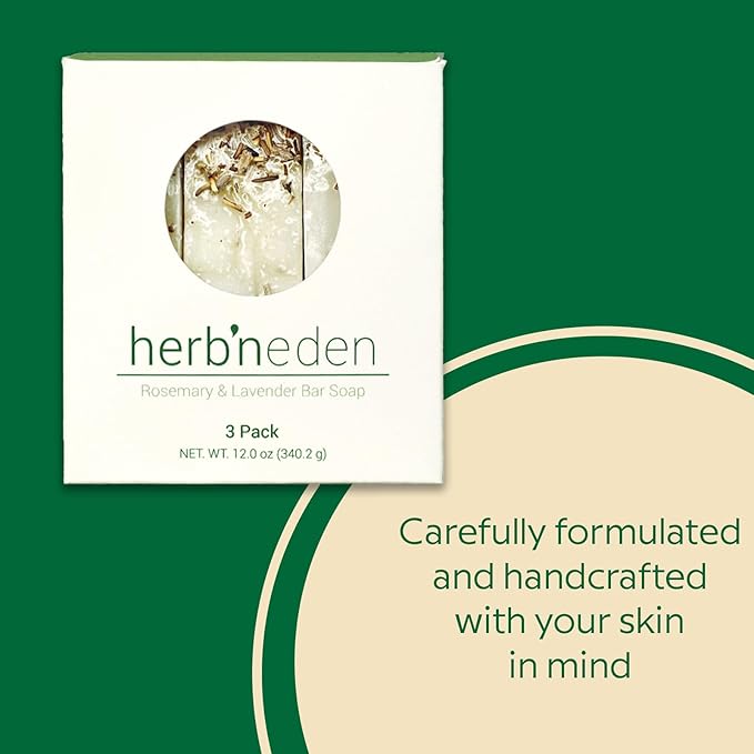 Herb’N Eden - Rosemary Lavender Bar Soap - Moisturizing Face & Body Soap - For Sensitive, Normal Skin - Natural Plant-Based Ingredients - Cruelty-Free - Handmade in USA - 3 Pack