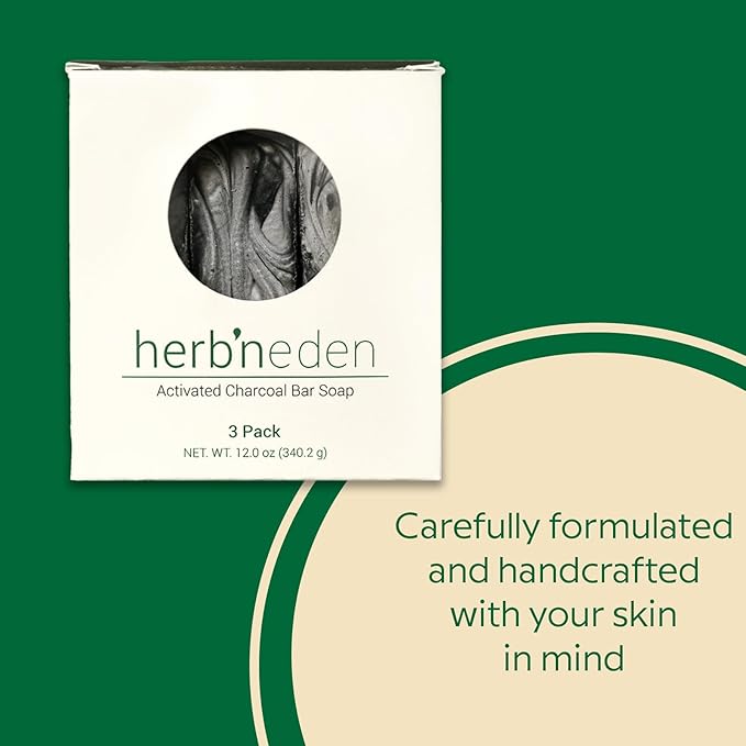 Herb’N Eden - Activated Charcoal Bar Soap - Moisturizing Face & Body Soap - For Oily, Acne, Combination Skin - Natural Plant-Based Ingredients & Essential Oils - Cruelty-Free - Handmade in USA -3 Pack