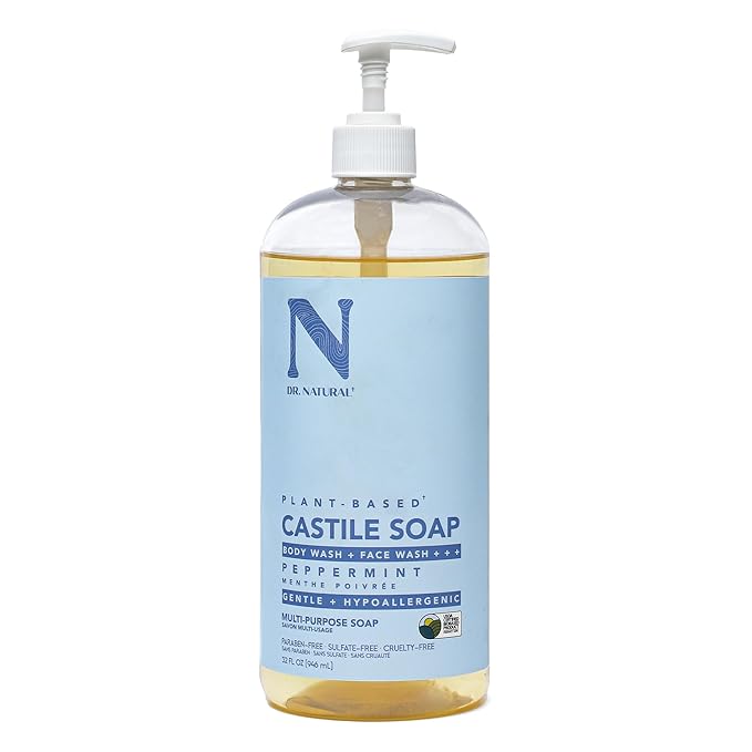 Dr. Natural Castile Liquid Soap, Peppermint, 32 oz - Plant-Based - Made with Organic Shea Butter - Rich in Coconut and Olive Oils - Sulfate and Paraben-Free, Cruelty-Free - Multi-Purpose Soap