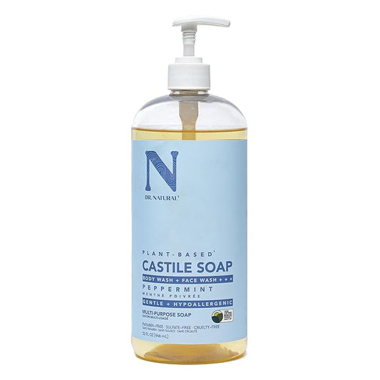 Dr. Natural Castile Liquid Soap, Peppermint, 32 oz - Plant-Based - Made with Organic Shea Butter - Rich in Coconut and Olive Oils - Sulfate and Paraben-Free, Cruelty-Free - Multi-Purpose Soap
