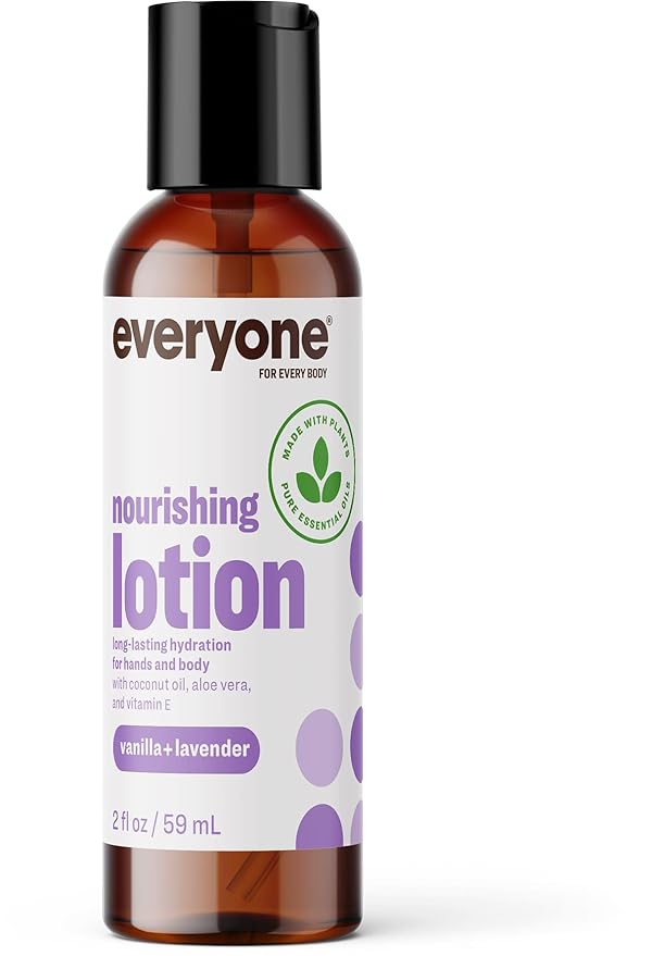 Everyone 2-in-1 Lotion for Hands/Body, Travel Size, 2 ounce (Pack of 12) Vanilla and Lavender made with Essential Oils for Men and Women