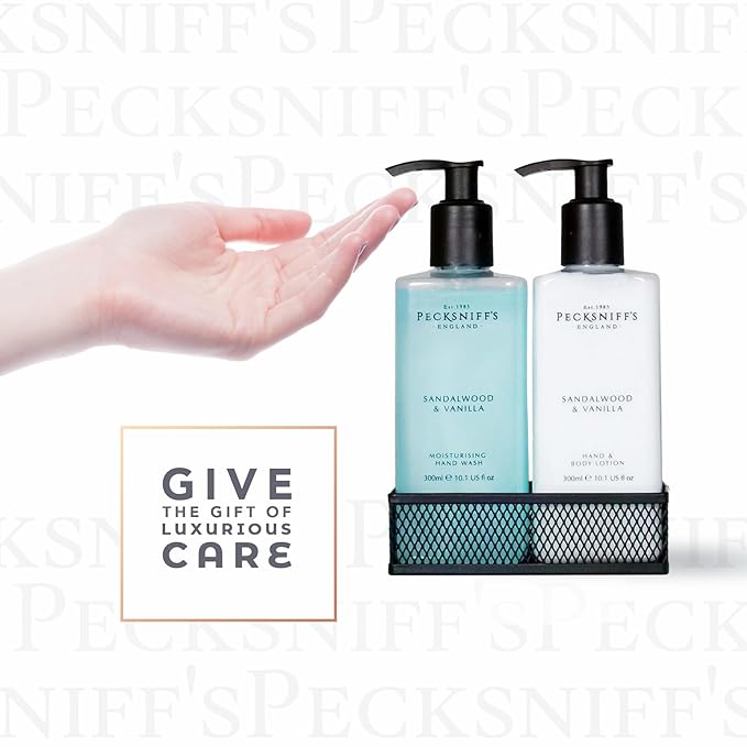 Pecksniff's Kitchen Soap Dispenser Set, Moisturizing Liquid Hand Soap Lotion Set for Kitchen Sink Bathroom Countertop with Black Metal Mesh Caddy, 10.14 Fl oz (Sandalwood and Vanilla)