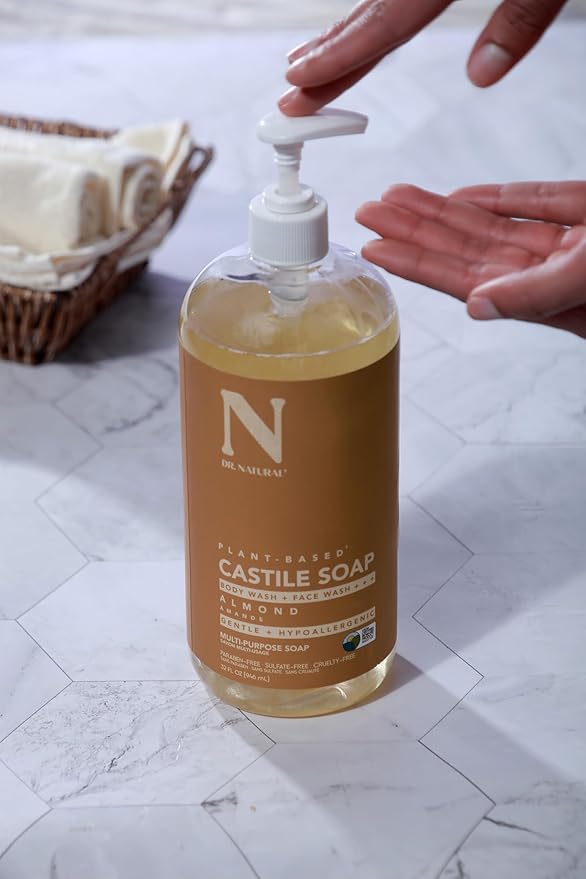 Dr. Natural Castile Liquid Soap - Multi-Use Body Wash, Shampoo and Face Wash - Hydrating Body Soap for Skin, Hair, Pets and Home - Almond - 32 oz.