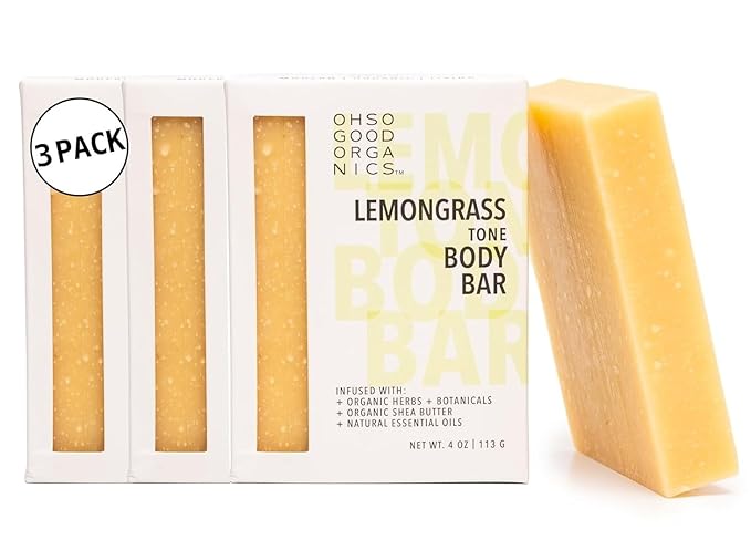 Natural Organic Soap Bar with Lemongrass for Face and Body, Organic Lemon Grass Shavings and Shea Butter, Coconut Oil and Essential Oils, Bar Soap for Women and Men, 4oz, 3 Pack Lemongrass Soap Bar