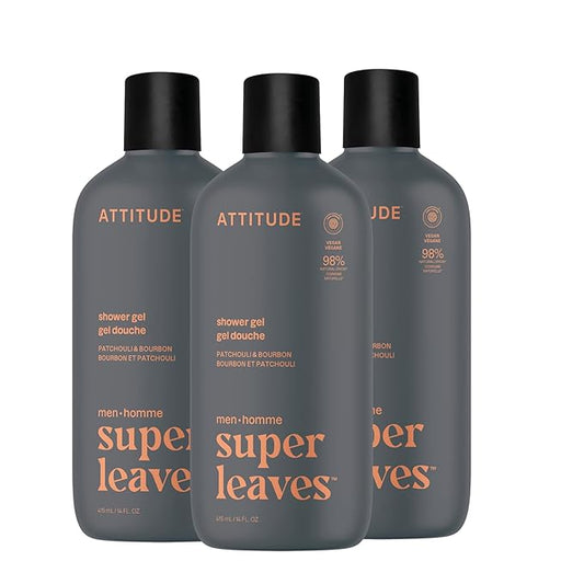 ATTITUDE Shower Gel Body Wash for Men, 98% Natural Origin Ingredients, Paraben & Phthalate Free, EWG Verified, Cleanses Without Drying, Patchouli & Bourbon, 14 Fl Oz (Pack of 3)
