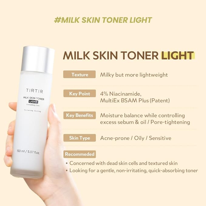 TIRTIR Milk Skin Rice Toner Light | Instant Hydration with 4% Niacinamide, Pantenol, Lightweight, Pore-Tightening, Vegan, Acne-Prone, Oily Skin, Fungal Acne Safe, Korean Skin Care, 0.67 Fl Oz