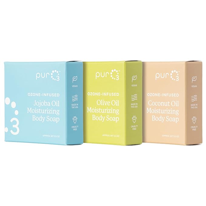 PurO3 Ozonated Soap Multi-Pack – Handcrafted Organic Body Wash – Natural Vegan Bars for Women & Men – Gentle, Biodegradable, Non Toxic Cleanser for Shower & Bath, 3.5 oz Bar Set