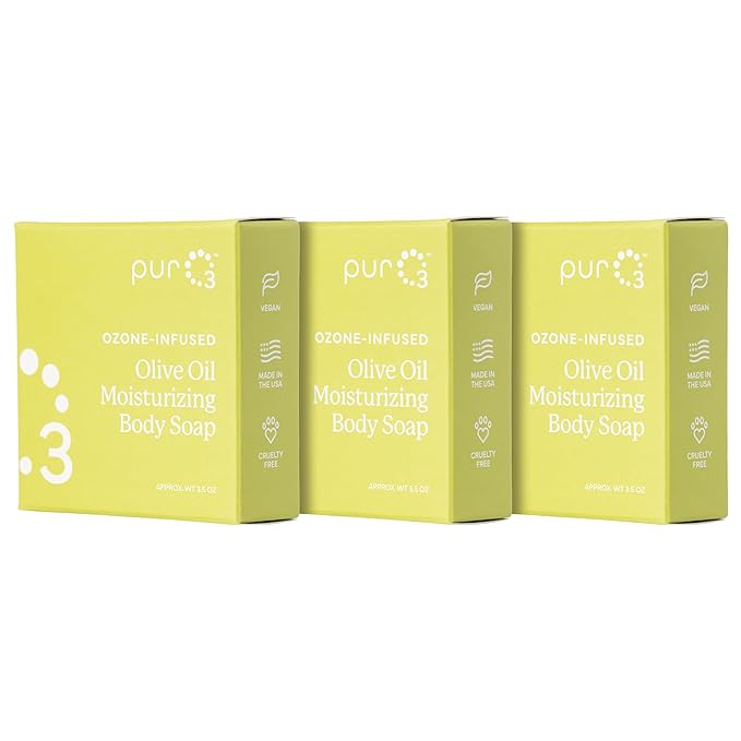 PurO3 Ozonated Olive Oil Soap 3-Pack – Handcrafted Organic Body Wash – Natural Vegan Bars for Women & Men – Gentle, Biodegradable, Non Toxic Cleanser for Shower & Bath, 3.5 oz Bar Set