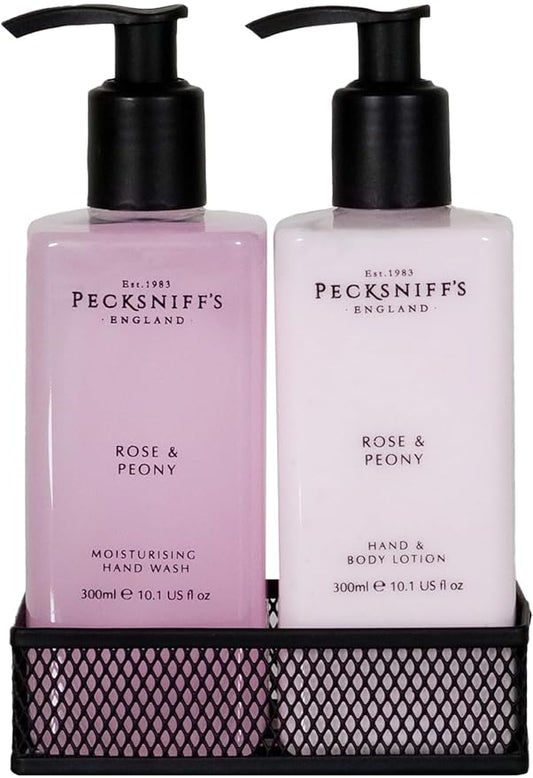 Hand Wash & Body Lotion Caddy Set (Rose & Peony) - 10.1 Fl Oz Each - Gentle Cleanser for Sensitive Skin - Moisturizing & Hydrating Hand Cream - All Natural Cruelty Free Body Wash - Pecksniff’s