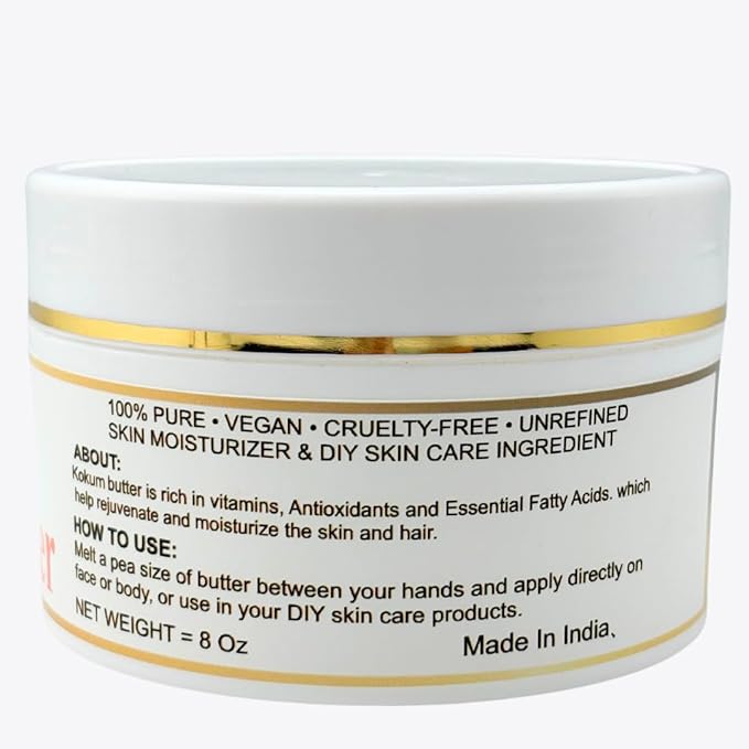 Organic Raw Kokum Butter 100% Pure,Natural & Unrefined| Skin Moisturizer For Face, Body & Hair| 8 OZ/230 GM Ivory/White Grade A | DIY Creams, Balms, Lotions, Soaps| Moisturizes Dry Skin