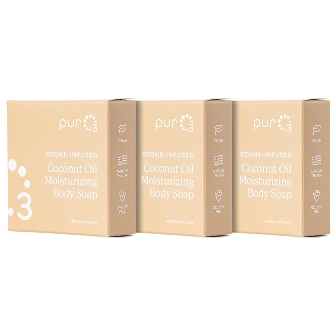 PurO3 Ozonated Coconut Oil Soap 3-Pack – Handcrafted Organic Body Wash – Natural Vegan Bars for Women & Men – Gentle, Biodegradable, Non Toxic Cleanser for Shower & Bath, 3.5 oz Bar Set