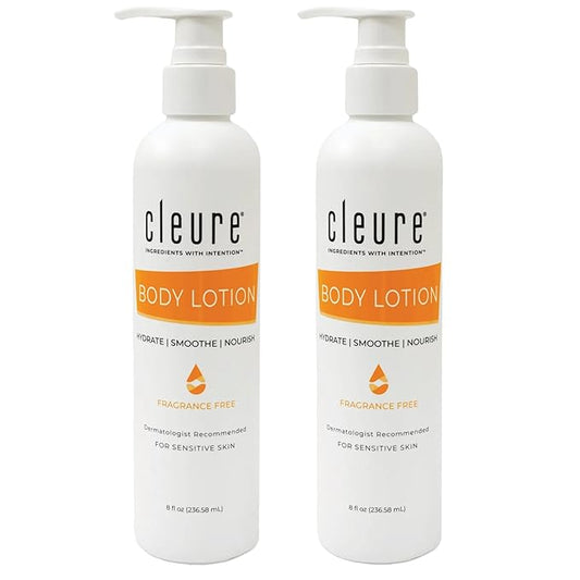 Cleure Body Lotion for Sensitive Skin - Daily Moisturizer with Shea Butter & Vitamin E - Fragrance Free, Gluten Free, Paraben Free (8 oz, Pack of 2)