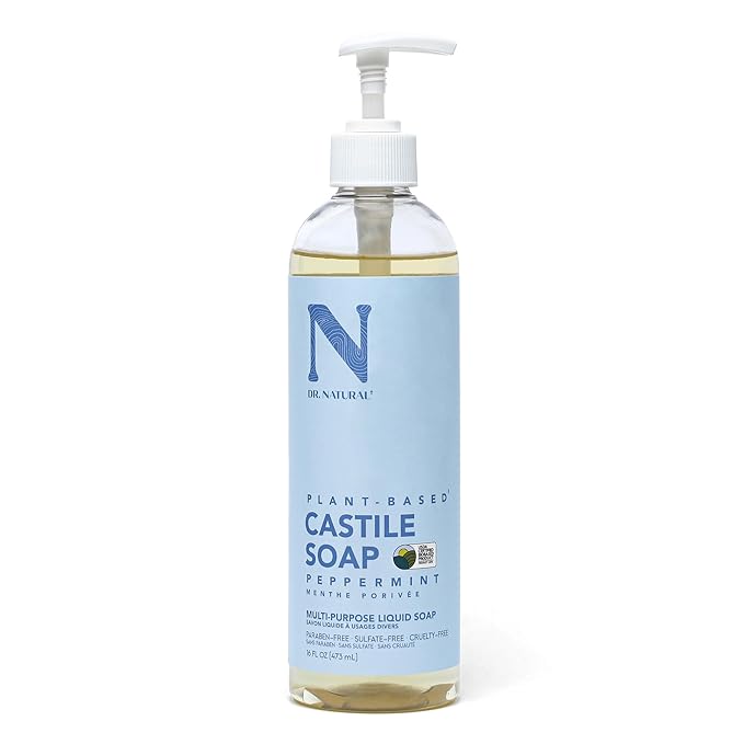 Dr. Natural Castile Liquid Soap - Multi-Use Body Wash, Shampoo and Face Wash - Hydrating Body Soap for Skin, Hair, Pets and Home - Peppermint - 16 oz