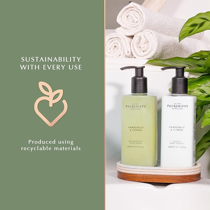 Hand Wash & Body Lotion Caddy Set (Grapefruit & Citron) - 10.1 Fl Oz Each - Gentle Cleanser for Sensitive Skin - Moisturizing & Hydrating Hand Cream - All Natural Cruelty Free Body Wash - Pecksniff’s