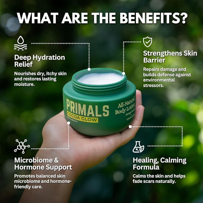 PRIMALS All Natural Body Lotion - Cocoa Butter & Mango Butter - 100% Naturally Derived Ingredients - Alcohol Free, Artificial Fragrance Free, Paraben Free, Petroleum Derivative Free - 8.45 oz
