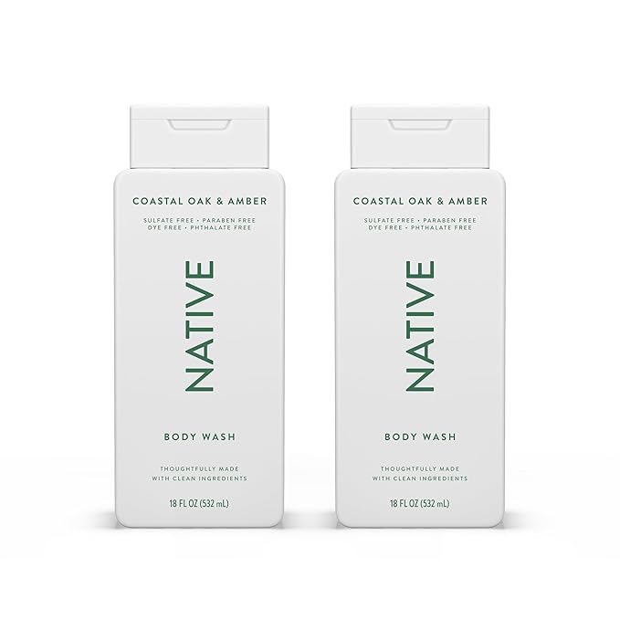 Native Body Wash Contains Naturally Derived Ingredients | For Women & Men, Sulfate, Paraben, & Dye Free Leaving Skin Soft and Hydrating | Coastal Oak & Amber 18 oz - 2 Pk