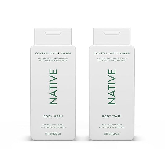 Native Body Wash Contains Naturally Derived Ingredients | For Women & Men, Sulfate, Paraben, & Dye Free Leaving Skin Soft and Hydrating | Coastal Oak & Amber 18 oz - 2 Pk