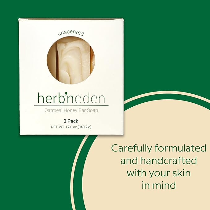Herb’N Eden - Oatmeal Honey Bar Soap - Moisturizing Face & Body Soap - For Dry, Sensitive, Irritated, Itchy Skin - Natural Plant-Based Ingredients & Essential Oils - Handmade in USA - 3 Pack
