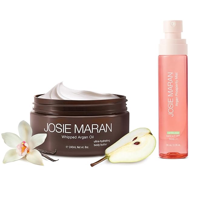 Josie Maran Argan Layering Kit - Whipped Argan Oil Body Butter Gift Set with Prosperity Body Mist - All Over Body Glow, Intense Hydration & Absorbs Quickly - Vanilla Pear (2 Piece Set)