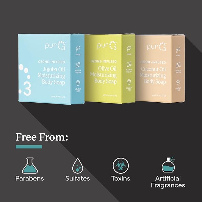 PurO3 Ozonated Soap Multi-Pack – Handcrafted Organic Body Wash – Natural Vegan Bars for Women & Men – Gentle, Biodegradable, Non Toxic Cleanser for Shower & Bath, 3.5 oz Bar Set
