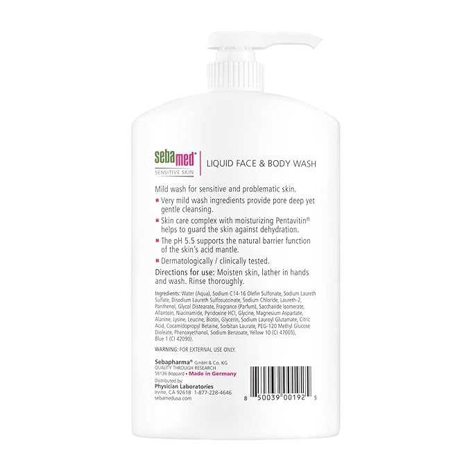 SEBAMED Sensitive Skin Face and Body Wash for Men and Women, pH 5.5, Mild Gentle Hydrating Cleanser, Hypoallergenic Body Wash, Dermatologist Recommended, 33.8 Fluid Ounces (1 Liter)