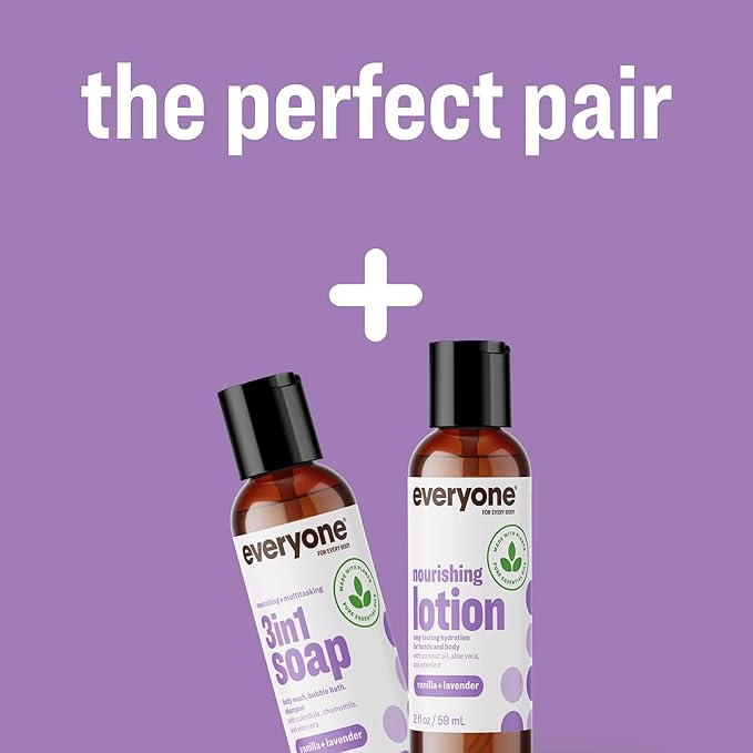Everyone 2-in-1 Lotion for Hands/Body, Travel Size, 2 ounce (Pack of 12) Vanilla and Lavender made with Essential Oils for Men and Women