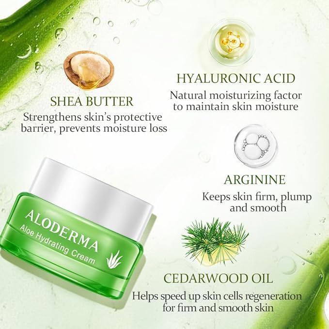 Aloderma Hydrating Face Cream for Dry Skin Made with 65% Organic Aloe Vera - Natural Hydration with Hyaluronic Acid & Arginine - Nourishing Aloe Vera Face Cream - Moisturizing Dry Skin Cream, 1.7oz