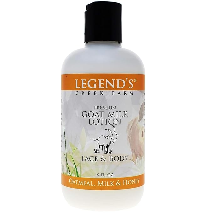 Legend's Creek Farm Goat Milk Lotion - Moisturizing Goat Milk Body Lotion for Body, Hand & Face - 9 oz Body Moisturizer with Shea Butter, Sunflower Oil, Aloe, Handmade in USA (Oatmeal, Milk & Honey)