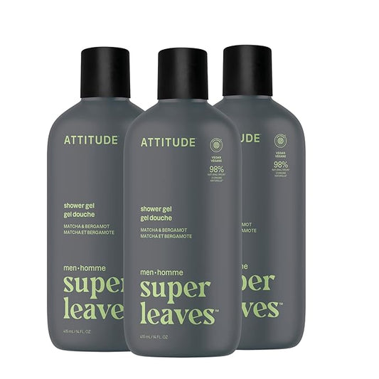 ATTITUDE Shower Gel Body Wash for Men, 98% Natural Origin Ingredients, Paraben & Phthalate Free, EWG Verified, Cleanses Without Drying, Matcha & Bergamot, 14 Fl Oz (Pack of 3)