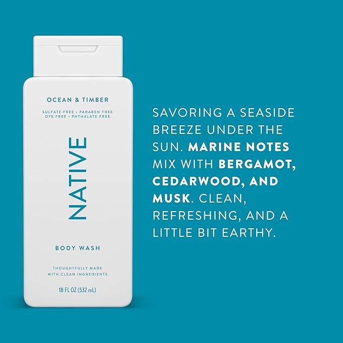Native Body Wash Contains Naturally Derived Ingredients | For Women & Men, Sulfate, Paraben, & Dye Free Leaving Skin Soft and Hydrating | Ocean & Timber 18 oz - 2 Pk