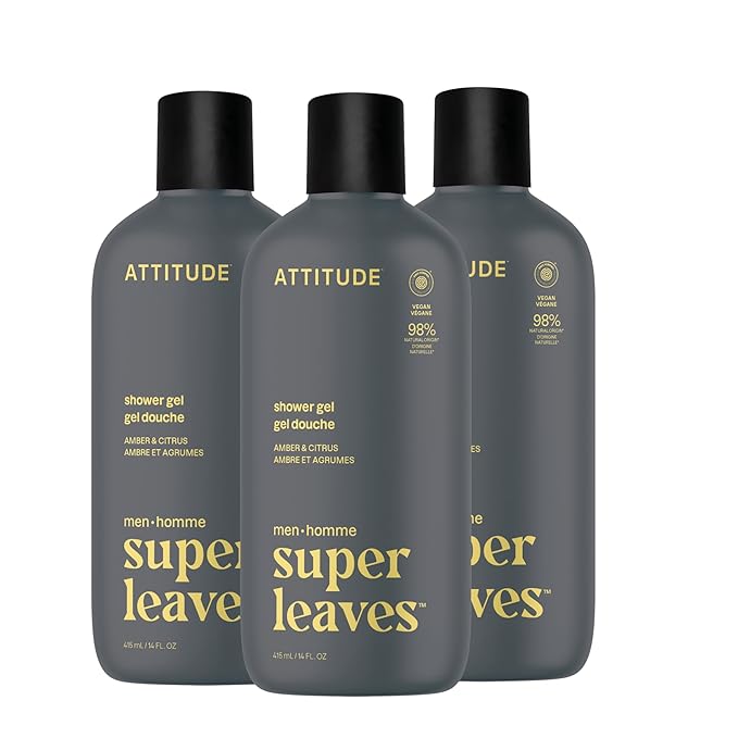 ATTITUDE Shower Gel Body Wash for Men, 98% Natural Origin Ingredients, Paraben & Phthalate Free, EWG Verified, Cleanses Without Drying, Amber & Citrus, 14 Fl Oz (Pack of 3)