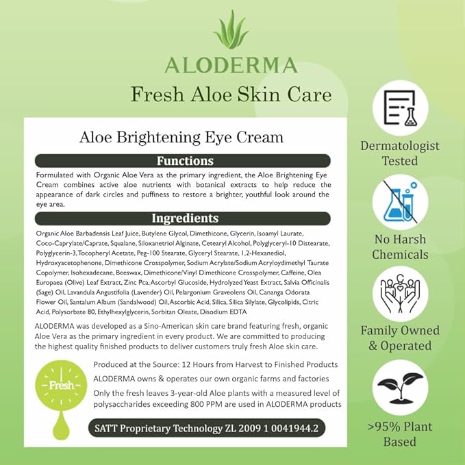 Aloderma Brightening Eye Cream with Organic Aloe Vera - Hydrating Effect for Dark Circles & Puffiness with Caffeine & Sage Oil - Day & Night Eye Care Cream for Puffy Eyes & Fine Lines, 25g/0.9oz
