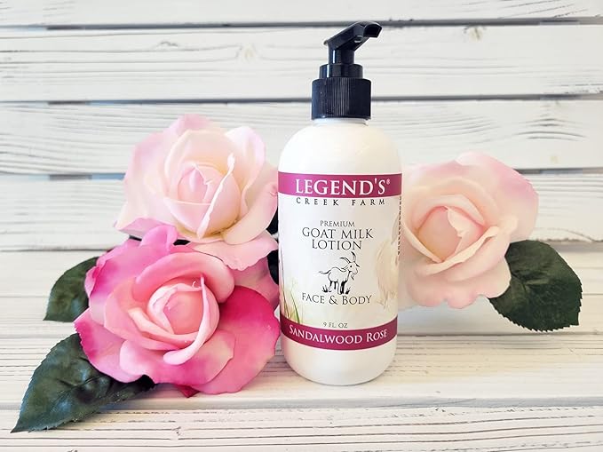 Legend's Creek Farm Goat Milk Lotion - Moisturizing Goat Milk Body Lotion for Body, Hand & Face - 9 oz Body Moisturizer with Shea Butter, Sunflower Oil, Aloe, Handmade in USA (2-Pack, Sandalwood Rose)