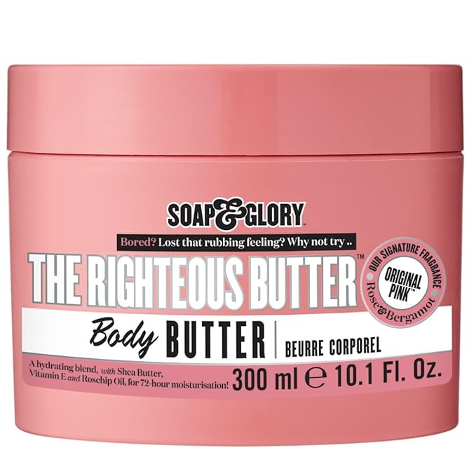 Soap & Glory The Righteous Moisturizing Body Butter - Hydrating Vegan Body Moisturizer for Dry Skin with Shea Butter, Vitamin E & Rosehip Seed Oil - Rich Cream for Women & Men (300ml)
