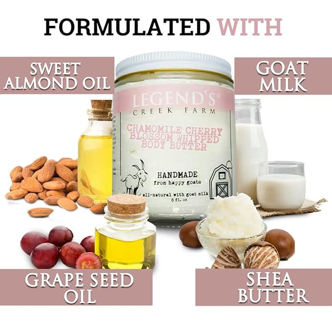 Legend's Creek Farm, Goat Milk Body Butter - Hydrating Natural Body Moisturizer with Organic Shea Butter & Grape Seed Oil - 8 Oz Purifying & Toning Whipped Body Butter (Chamomile Cherry Blossom)